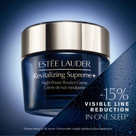 Estee Lauder Revitalizing Supreme+ Night Power Bounce Cr&egrave;me in navy blue and gold jar with -15% visible line reduction claim.
