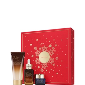 Estee Lauder Advanced Night Repair Skincare Gift Set in red snowflake-print box with serum, cream, and cleanser