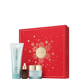 Est&eacute;e Lauder Day Wear Skincare Gift Set with moisturiser, serum, cleanser and eye cream in festive red star-print box.