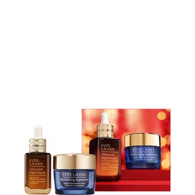 Est&eacute;e Lauder Ultimate Nighttime Power Pair Skincare Gift Set featuring serum, night cream, and eye cream with festive red box