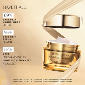 Est&eacute;e Lauder Revitalizing Supreme+ Skincare Gift Set in gold jar with lid, shown with efficacy claims including 89% lifted, 95% firmer skin.