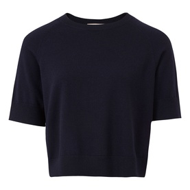 Jigsaw navy short-sleeve cropped knit top with round neckline, flat product shot