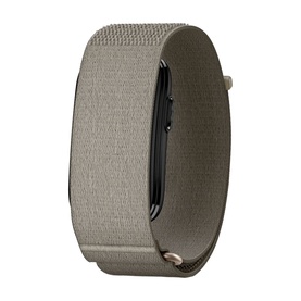 Taupe woven nylon loop watch strap with silver pin buckle, shown flat on white background