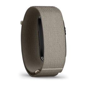 Fitness tracker band with taupe woven nylon loop strap and slim dark display unit, silver-tone hardware