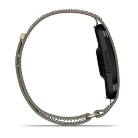 Garmin smartwatch side profile view, black case with silver-tone woven metal mesh bracelet strap and clasp fastening