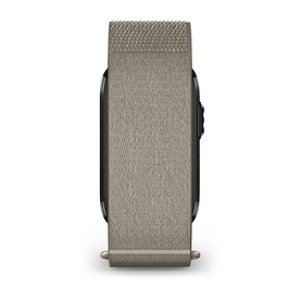 Stone-toned smartwatch with woven nylon loop strap, shown from the side, black casing visible