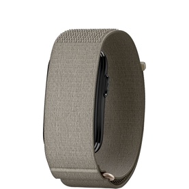 Taupe woven nylon loop watch strap with silver pin buckle, shown flat on white background