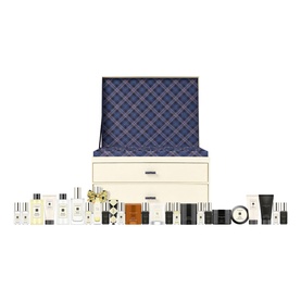 Jo Malone 25 Day Luxury Fragrance Advent Calendar, cream keepsake box with tartan-lined lid and 25 miniature fragrance products displayed