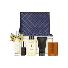 Jo Malone 25 Day Luxury Fragrance Advent Calendar gift set with cologne, body wash, candle and serum in navy plaid box