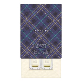 Jo Malone London Festive Cologne Duo set in navy tartan packaging with two 9ml miniature bottles visible at base
