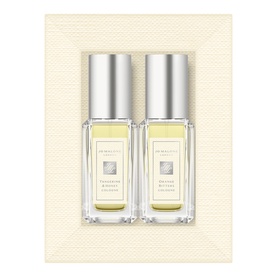 Jo Malone London two-piece cologne gift set, featuring two miniature bottles in clear glass with silver caps, presented in a cream textured box