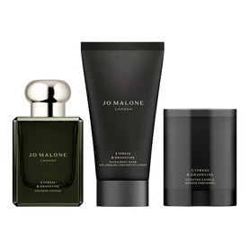 Jo Malone Cypress & Grapevine Travel Kit Gift Set featuring cologne, body wash tube, and scented candle in dark green packaging
