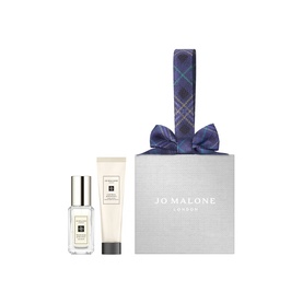 Jo Malone Wood Sage & Sea Salt Scented Stocking Filler Gift Set with cologne, hand cream, and silver gift box with plaid bow