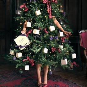 Jo Malone Wood Sage & Sea Salt Scented Stocking Filler Gift Set boxes hung as Christmas tree decorations with ribbon ties