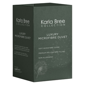 Karla Bree Collection Luxury Microfibre Duvet packaging, dark green box with dandelion motif and product feature text