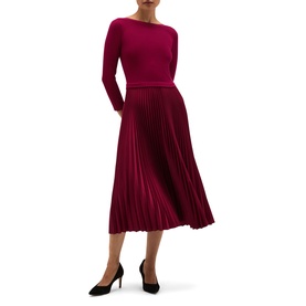 Model wearing Hobbs calla pink long-sleeve midi dress with pleated skirt, styled with black heels
