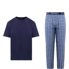 Lyle & Scott Pyjamas Set in Peacoat with Infinity Check, navy cotton T-shirt and light blue checked trousers with branded waistband