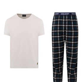 Lyle & Scott Pyjamas Set in Dove and Sailor Blue Flannel Check, white crew-neck tee and navy tartan trousers with logo waistband