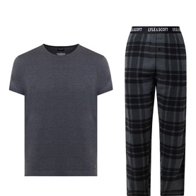 Lyle & Scott Black Marl and Black Flannel Check cotton pyjama set with crew-neck tee and checked trousers with logo waistband