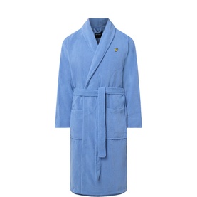 Lyle & Scott Infinity blue cotton-blend robe with shawl collar, tie waist, front pockets and gold logo badge