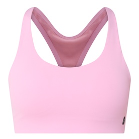 On Running sports bra in Magnolia pink with racerback design and scoop neckline, shown flat