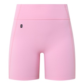 On Running Magnolia pink high-waist cycling shorts with wide waistband and small logo tab, back view