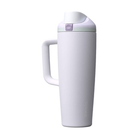 Owala FreeSip 30oz Water Bottle in Open Air, white stainless steel with handle, flip-top lid and purple accent, 30oz capacity.