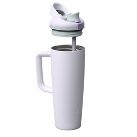Owala FreeSip 30oz Water Bottle in Open Air white, stainless steel with handle, flip-top lid open and straw visible