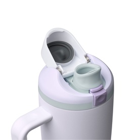 Owala FreeSip 30oz Water Bottle in Open Air, close-up of flip-top lid with dual-opening spout, pale lilac and mint tones, stainless steel construction
