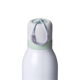 Owala FreeSip Twist 24oz Water Bottle in Open Air, close-up of sage green and lilac carry loop lid on white insulated bottle