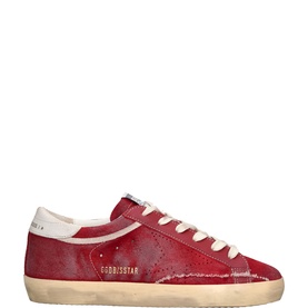 Golden Goose Super-Star trainers in red distressed leather with star detail, white lace-up front and cream vintage-effect sole