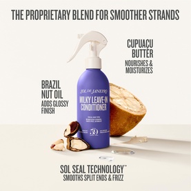 Sol De Janeiro Milky Leave-In Conditioner spray bottle with Brazil nut oil and cupua&ccedil;u butter callouts on white background