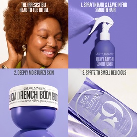 Sol De Janeiro leave-in conditioner routine collage showing moisturising body butter, milky leave-in spray, and fragrance mist steps