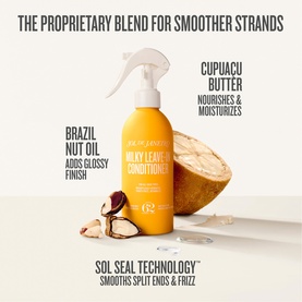 Sol De Janeiro Milky Leave-In Conditioner spray bottle with Brazil Nut Oil and Cupuacu Butter, shown with coconut and nuts on white background.