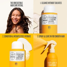 Sol De Janeiro Brazilian Joia hair care ritual showing shampoo, strengthening conditioner, and silky leave-in conditioner across four steps.