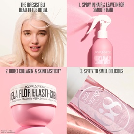 Sol De Janeiro Leave-In Conditioner four-step routine: model with platinum hair, spray bottle, Bella Flor Elasti-Cream jar, and spritz product on