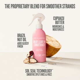 Sol De Janeiro Milky Leave-In Conditioner spray bottle with Brazil nut oil and cupuacu butter ingredient callouts on cream background