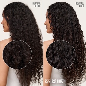 Sol De Janeiro Leave-In Conditioner before and after split image showing 75% less frizz on dark curly hair