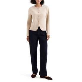 Model wearing Phase Eight brown fitted collarless cardigan with button front, styled with navy wide-leg trousers and dark flat shoes.