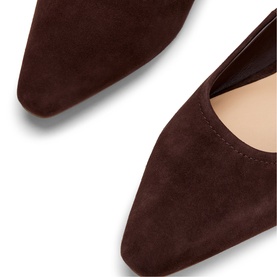Phase Eight brown suede pointed-toe court shoes, close-up of toe and vamp detail showing clean seam finish