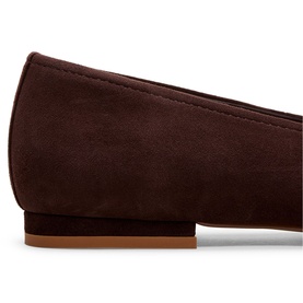 Phase Eight brown suede flat loafer, close-up of square toe and tan leather sole detail