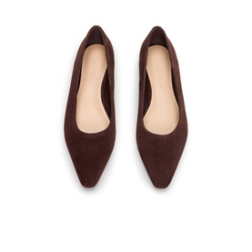 Phase Eight brown suede pointed-toe flat ballerina shoes, overhead flat-lay view showing nude leather insole lining