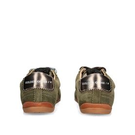 Golden Goose trainers in olive green suede with bronze metallic heel tab, tan rubber sole, rear view