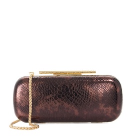 Bronze metallic snake-embossed clutch bag with gold-tone clasp frame closure and detachable chain strap