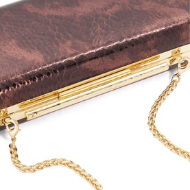 Bronze metallic clutch bag with gold-tone frame clasp closure and detachable gold chain strap