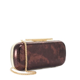 Dark burgundy metallic clutch bag with gold-tone frame clasp and detachable chain strap, rounded rectangular silhouette