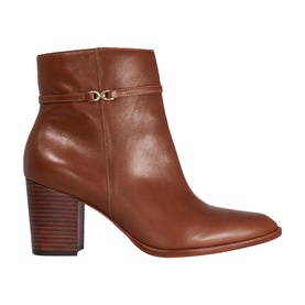 Tan leather ankle boot with gold-tone hardware strap detail, block heel, and side zip fastening