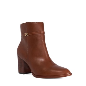 Tan leather ankle boot with block heel, gold-tone snaffle hardware detail at ankle, and stacked wooden heel