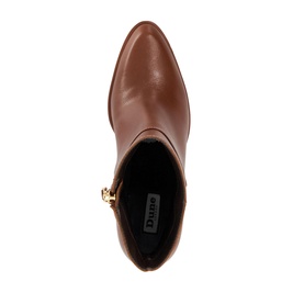 Tan leather ankle boot shown from above, pointed toe, gold-tone buckle detail at ankle, black insole
