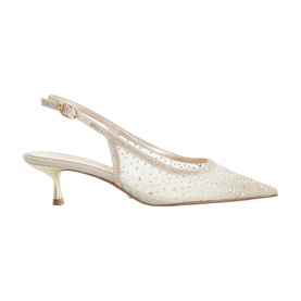 Champagne mesh slingback kitten heel with all-over crystal embellishment, pointed toe, and gold-tone buckle strap